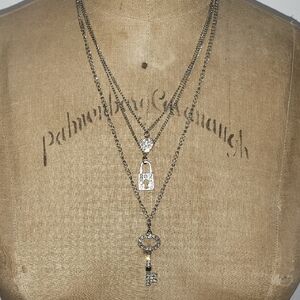 Silver And Rhinestone Heart Lock and Key 3 Chain Necklace